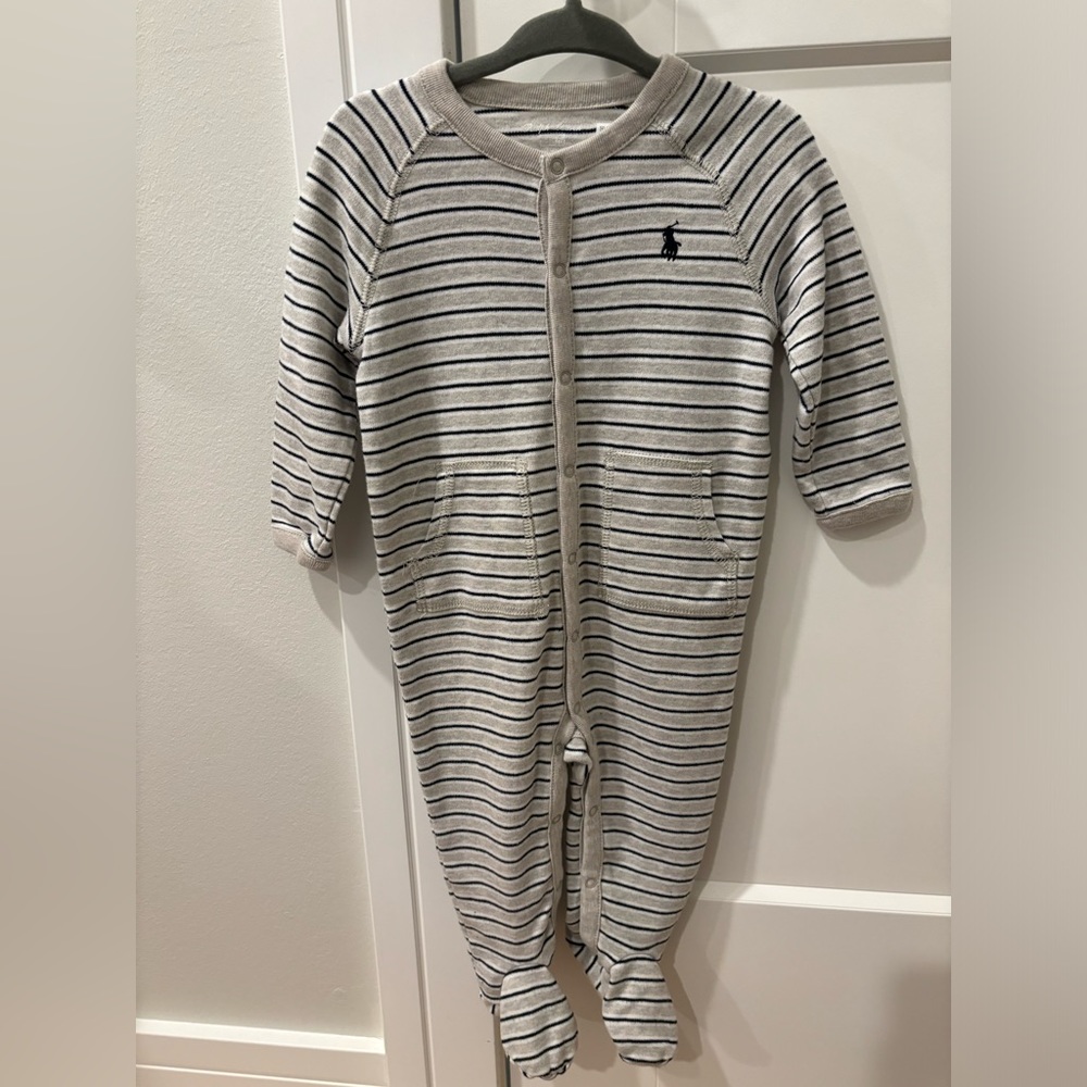 RALPH LAUREN Baby Boys Striped Cotton Coveralls Gray and Black! Size 9M!